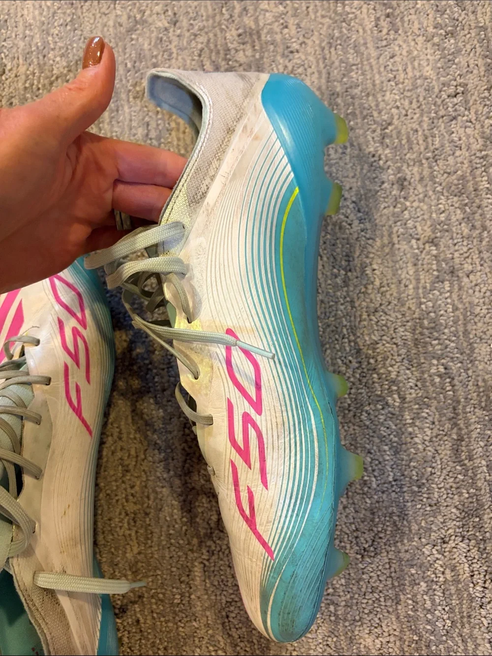 adidas Mens F50 Soccer Cleats in White, Pink & Teal Messi